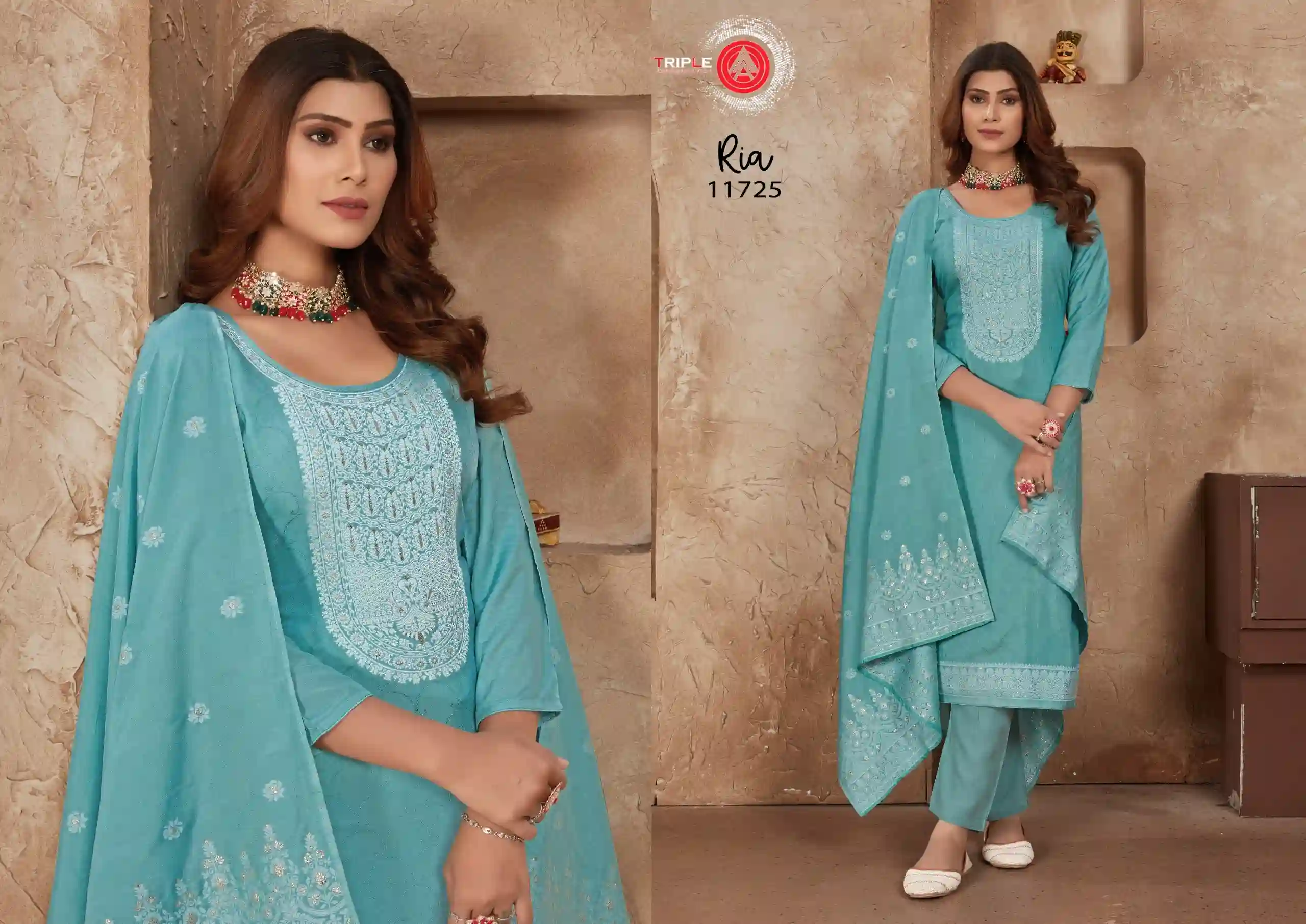 Triple Ria Pure Muslin Wholesale Salwar Suit Catalog — Wholesale Salwar Suits, MPA wholesale from Surat - Gallery Image 5